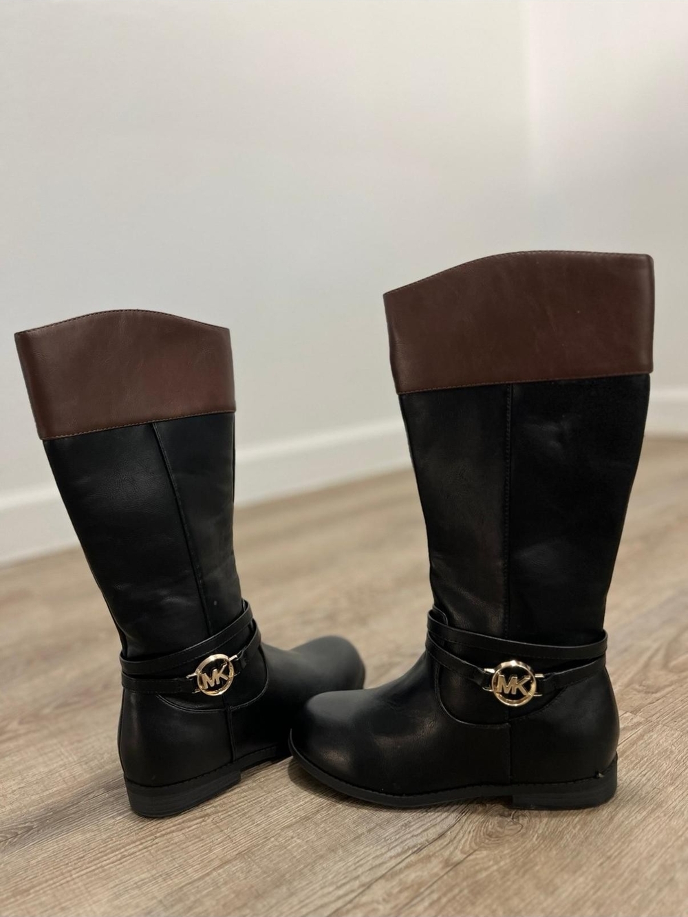Michael Kors Black and Brown Tall Logo Strap Boots